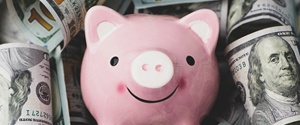 Piggy bank on bed of cash for dentures in Feeding Hills