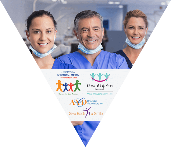 Three smiling dentists with charity logos